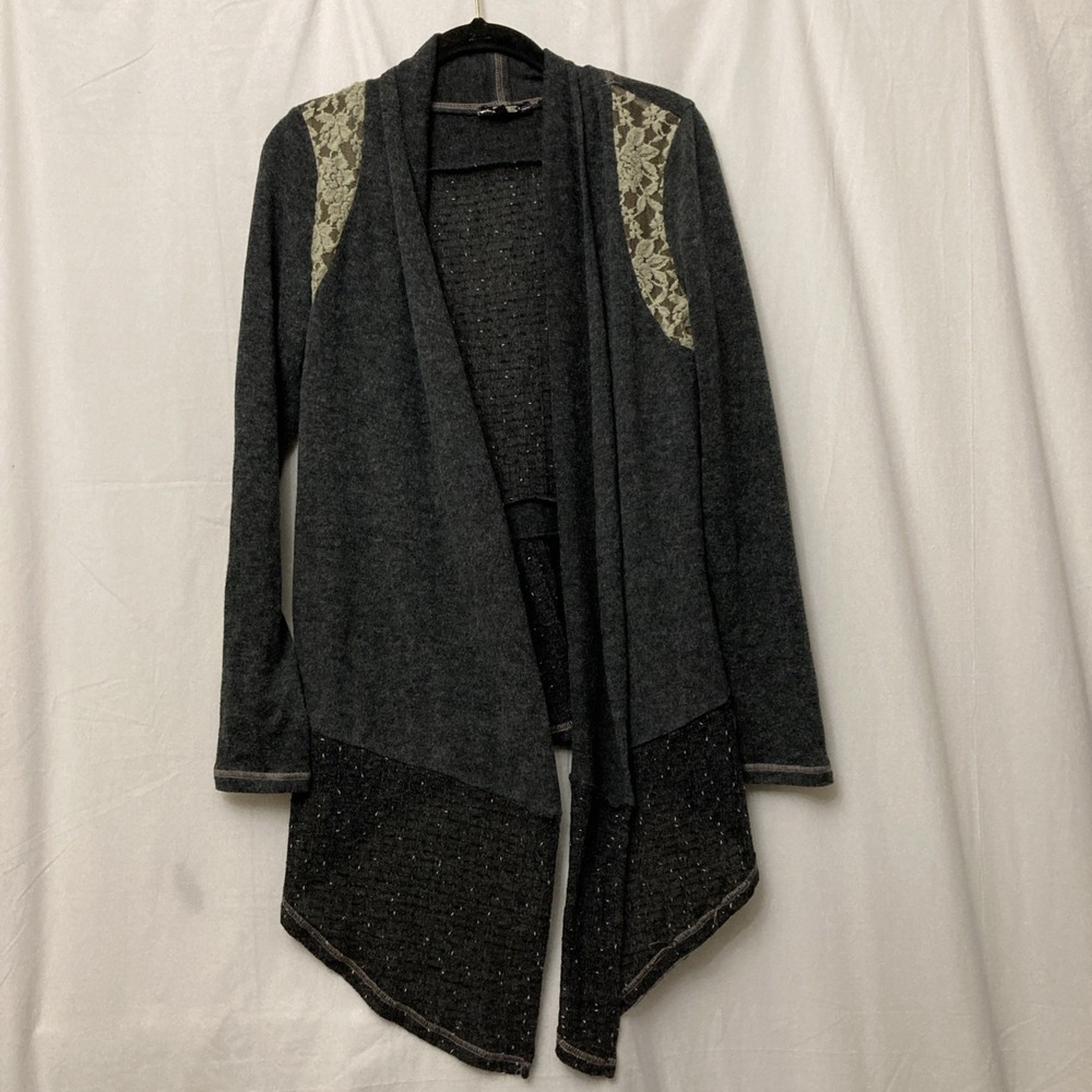 Miss Me Charcoal Gray Open Front Cardigan w/Lace & Sheer Accents - SZ XS